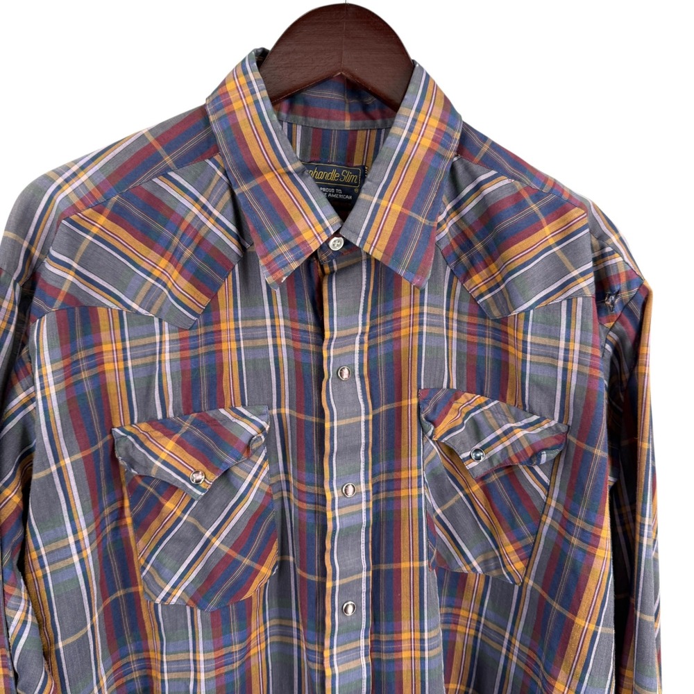Panhandle Slim VTG Plaid Long Sleeve Western Pearl Snap Shirt Blue Estimated XL